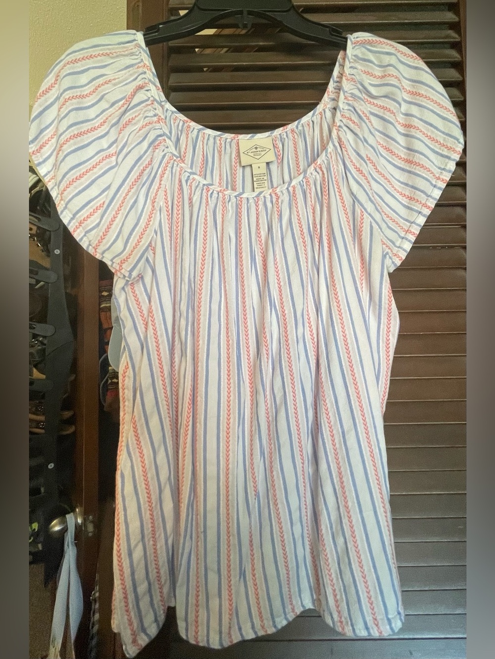 St. John's Bay White Short Sleeve Peasant Top with Red & Blue Stripes